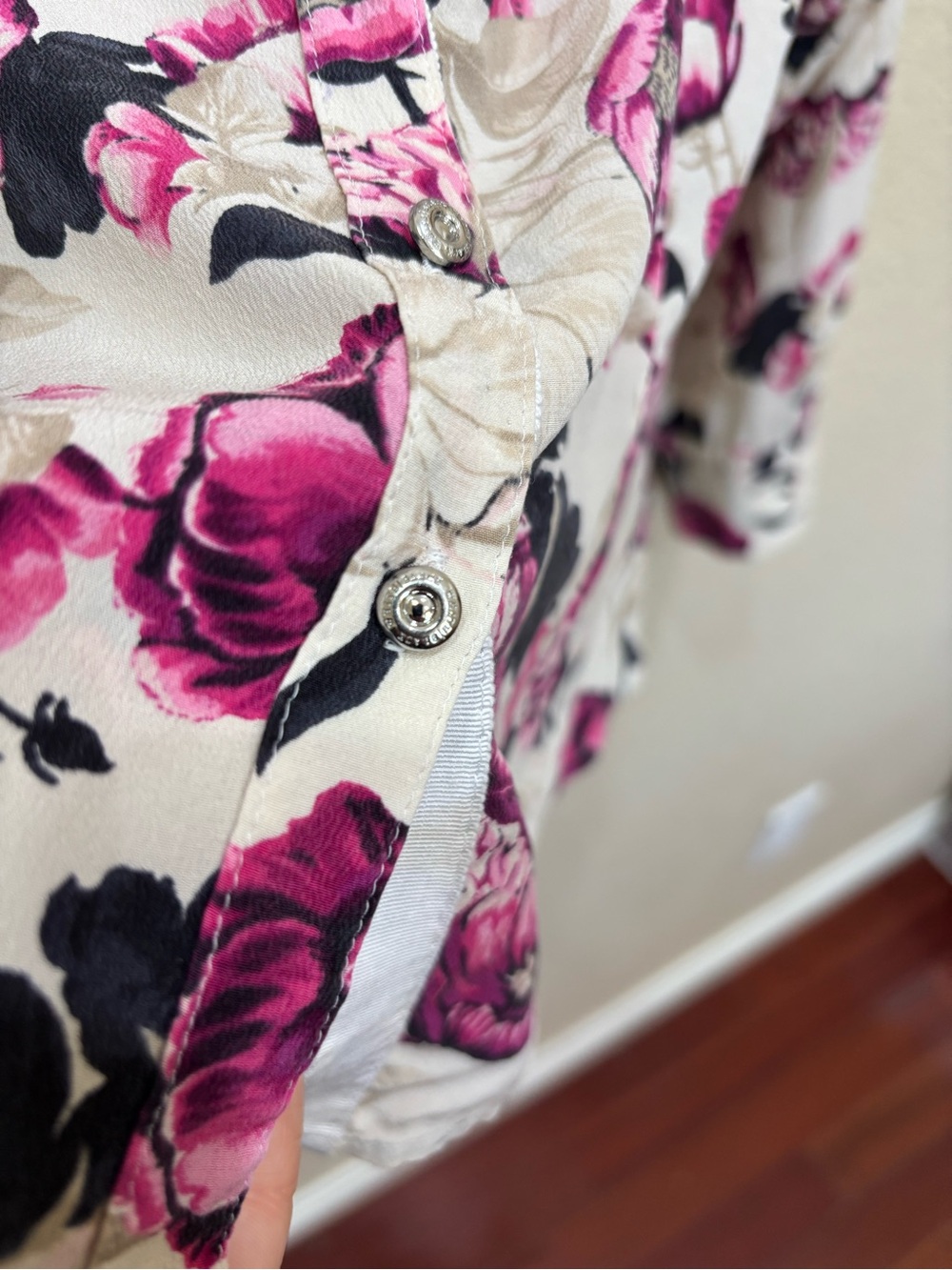 Vintage WHBM Pure Silk Floral Utility Blouse Top Magenta Pink Romantic Coquette - Picture 9 of 9